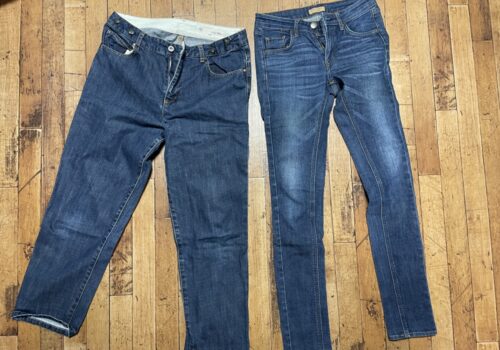 この２本分を一本のワイドジーンズへリメイク