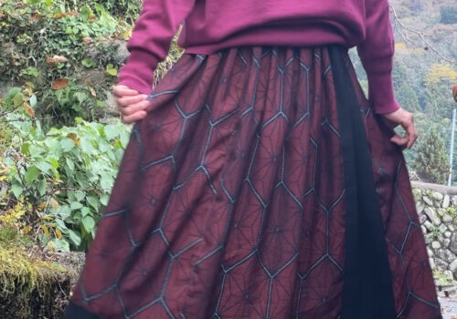 麻の葉模様の紗の着物と黒羽織でリバーシブルギャザースカート#着物リメイク